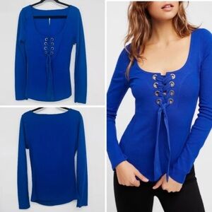 Free People Lace-Up Cobalt Blue Long Sleeve Top